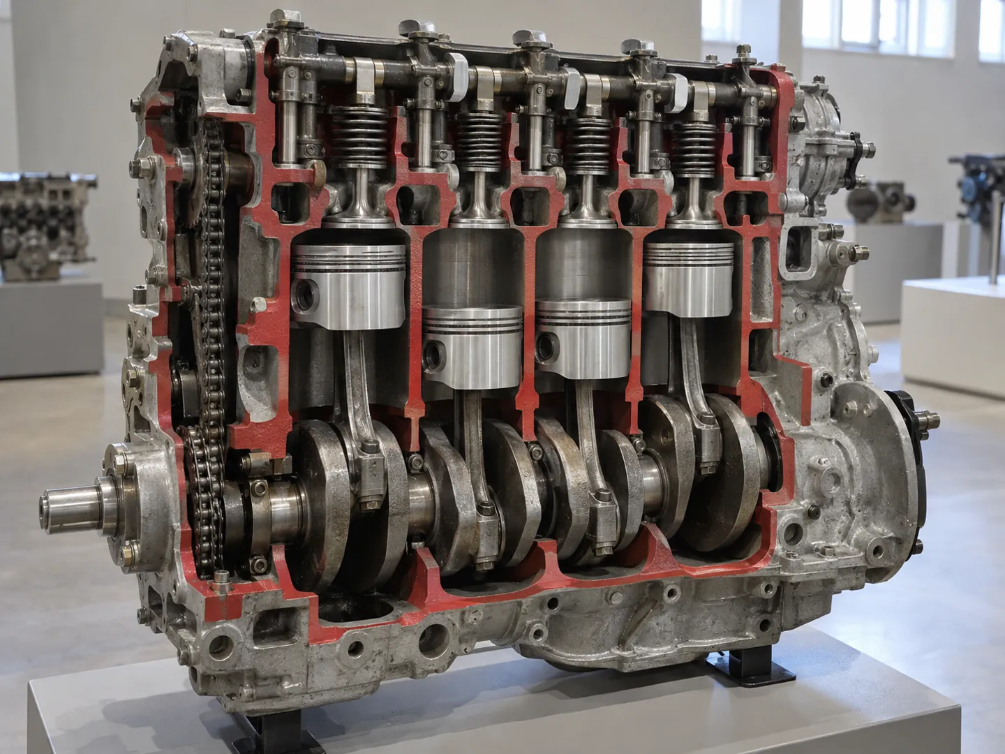 A sectioned display engine in a museum, cut open to show pistons, valves and the crankshaft inside the cylinder block