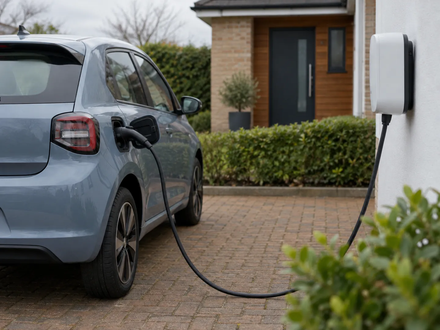 An electric car parked on a driveway with a charging cable plugged into a wall-mounted home charger
