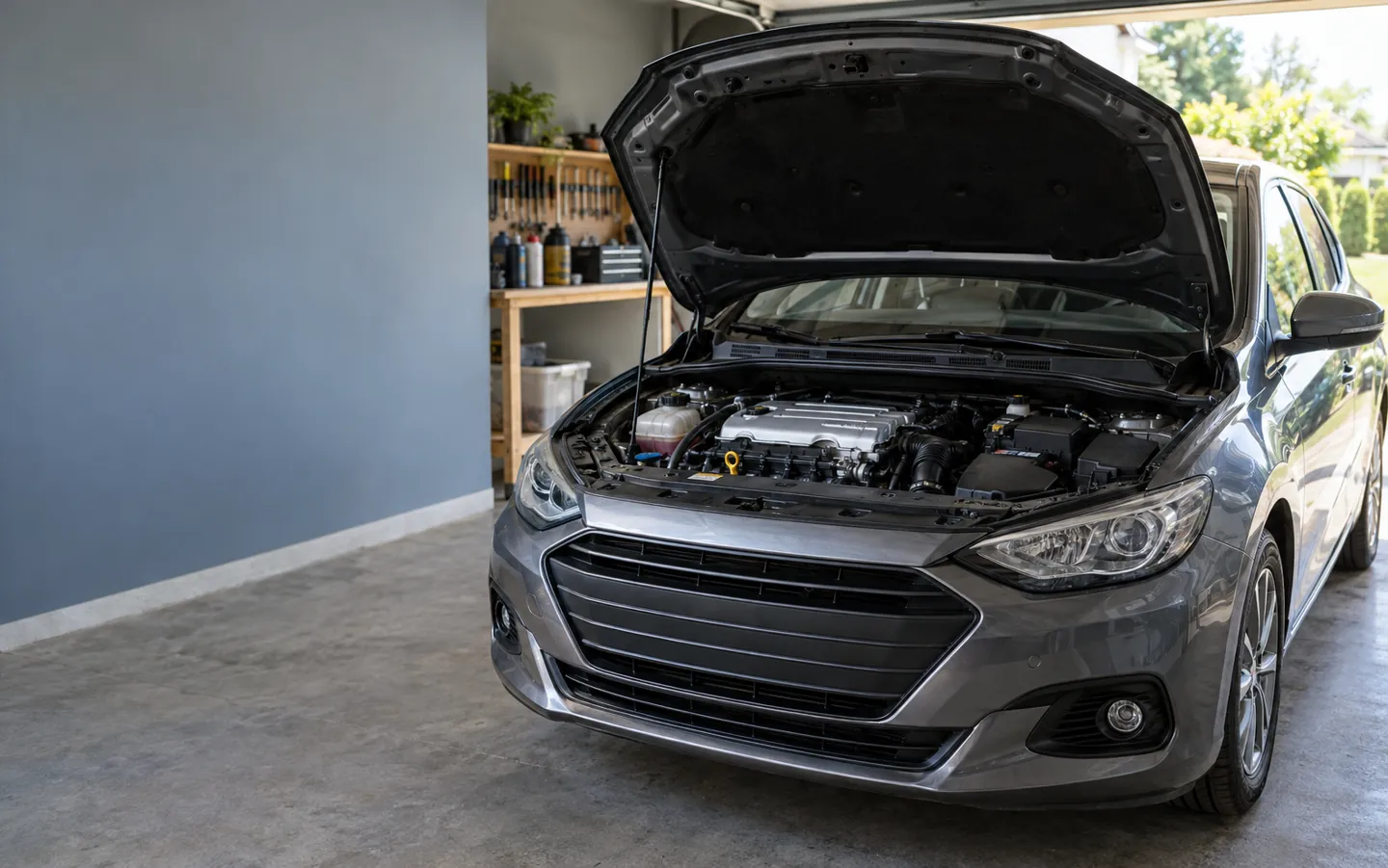 The open bonnet of a car in a quiet home garage, showing a clean engine bay lit by soft daylight from the doorway